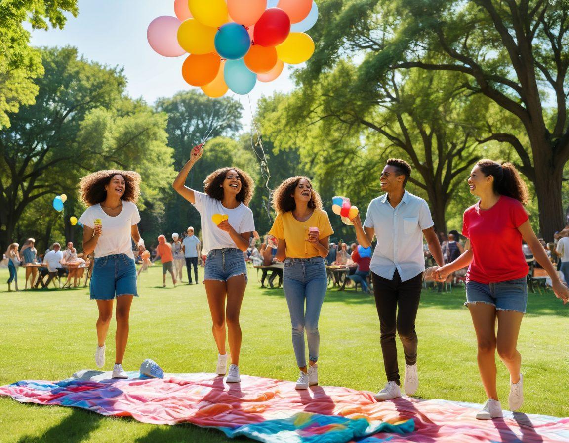 A vibrant scene showcasing a diverse group of friends engaged in various recreational activities like playing frisbee, painting, and dancing in a sunlit park. Laughter and joy radiate from their faces as colorful balloons float overhead. In the background, picnic setups adorned with delicious snacks and drinks bring a cozy feel. The overall atmosphere is uplifting, embodying togetherness and joy. 3D. vibrant colors. outdoor setting.
