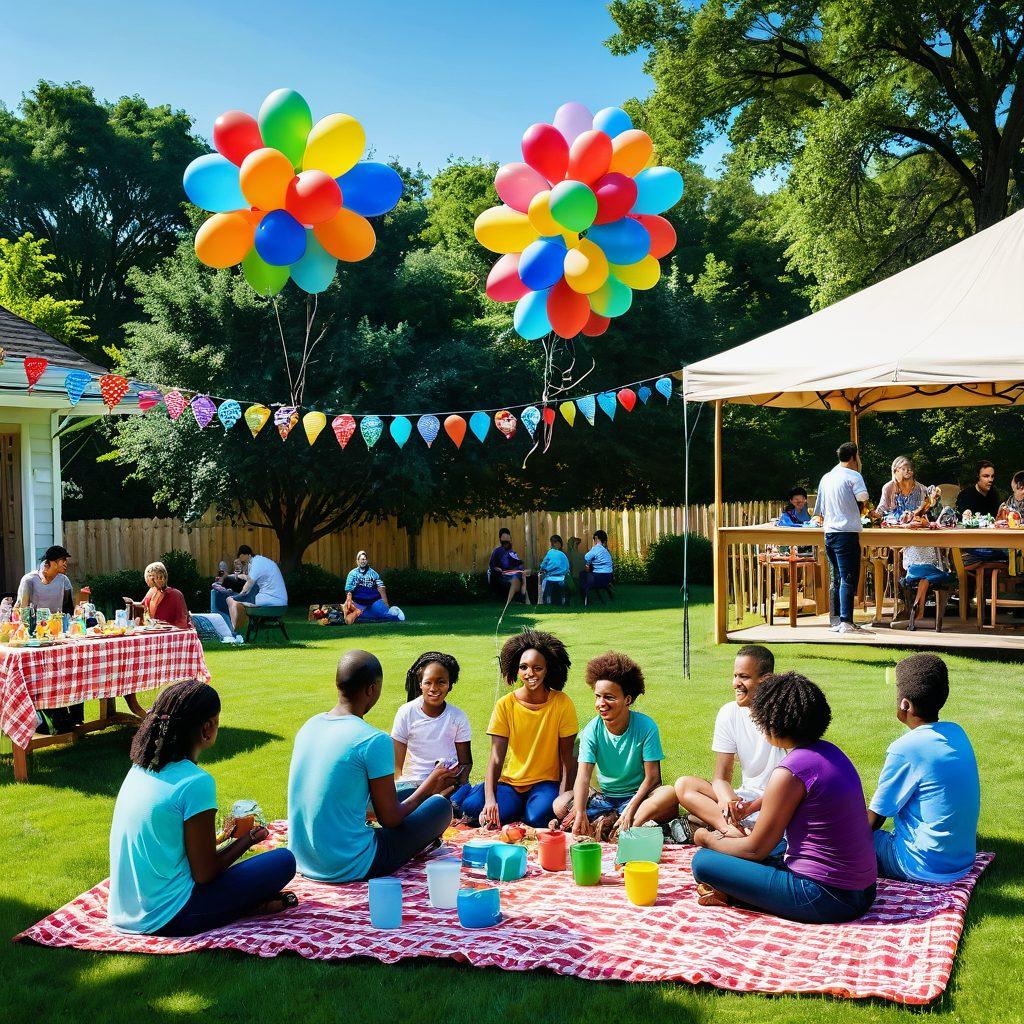 A vibrant scene of diverse families and friends engaging in various fun activities such as outdoor sports, cooking together, and playing games. Include laughter, joy, and colorful decorations around them, representing togetherness and excitement. Make sure the setting is lively with a sunny backdrop, scattered with balloons and picnic arrangements. super-realistic. vibrant colors. outdoor setting.